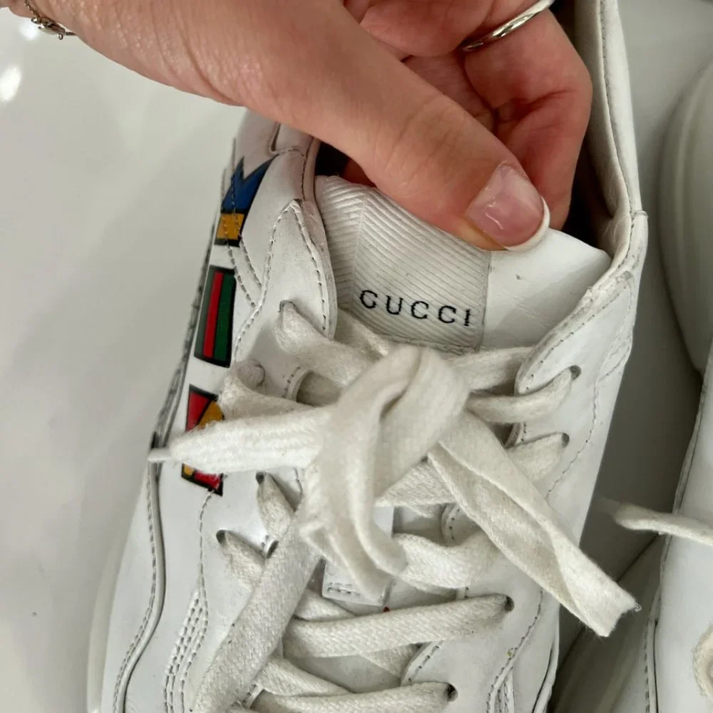 $890 Gucci Worldwide White Leather Rython Platform Sneakers Mens 8 W 9.5/10